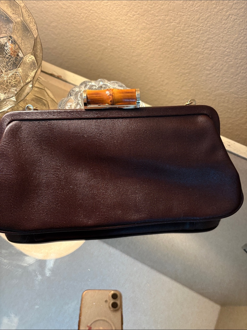 Ann Taylor Dark Brown Clutch with Bamboo clasp Accent